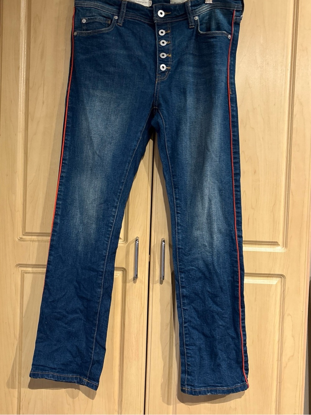 Pilcro Anthropologie Relaxed Straight Red Stripe Button Fly Jeans Womens Size 27